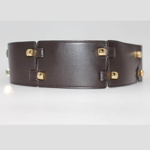 $495 Salvatore Ferragamo DARK BROWN CALF Leather GOLD STUDS Belt Size 70,80,85 - Picture 7 of 7